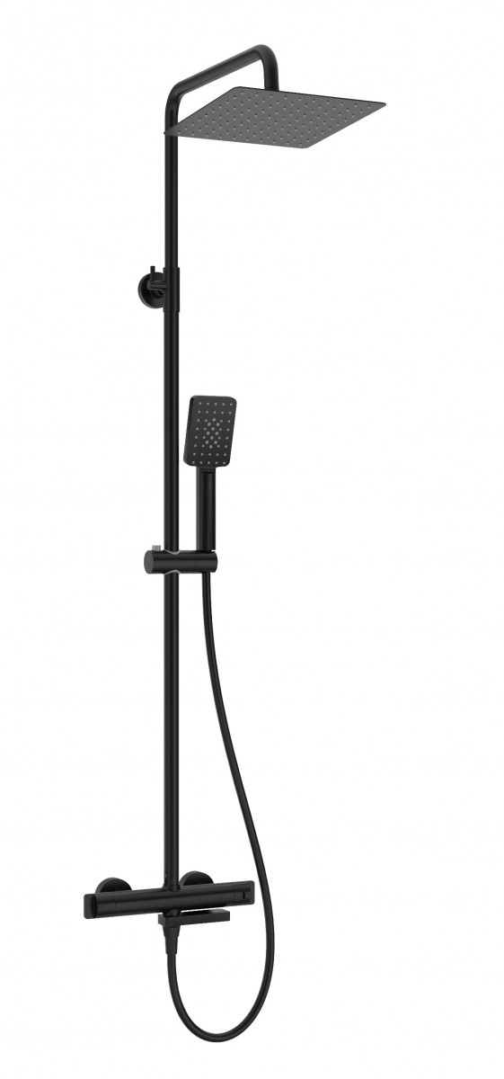 Deante Cascada termostatyczny zestaw wannowy z deszczownicą 25x25 i składaną wylewką czarny matowy NACN1HT