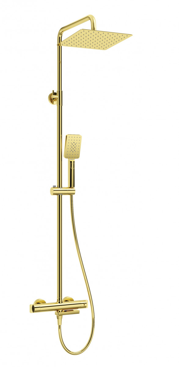 Deante Cascada termostatyczny zestaw wannowy z deszczownicą 25x25 i składaną wylewką złoty NACZ1HT