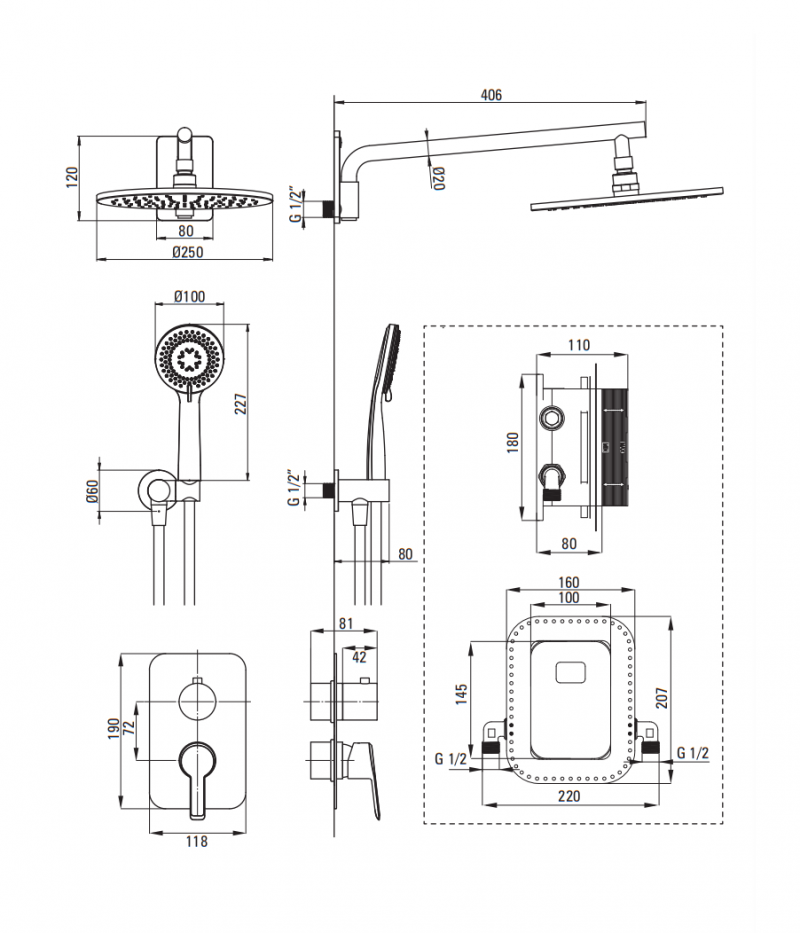 Deante Box termostatyczny zestaw prysznicowy podtynkowy z deszczownicą 25x25 złoty BXYZGEBT