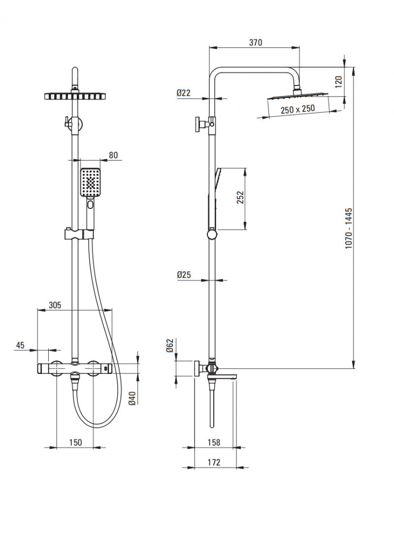 Deante Cascada termostatyczny zestaw wannowy z deszczownicą 25x25 i składaną wylewką titanium NACD1HT