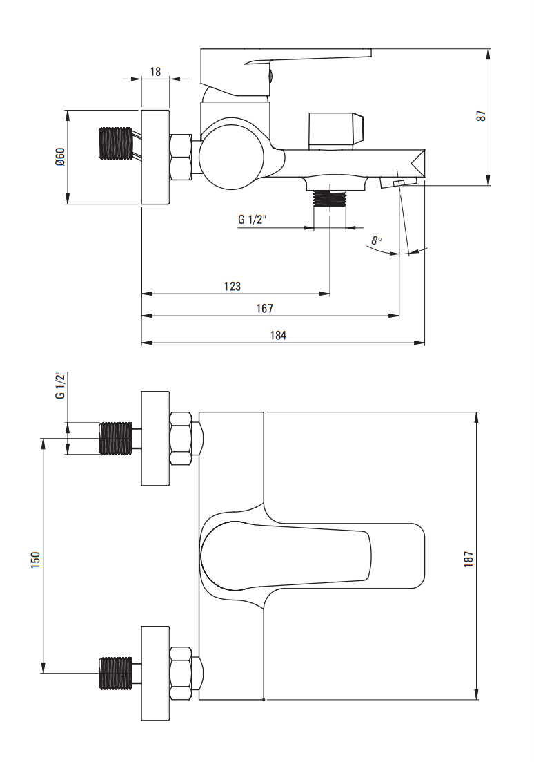 Deante Tubo bateria wannowa ścienna chrom połysk BUT010M
