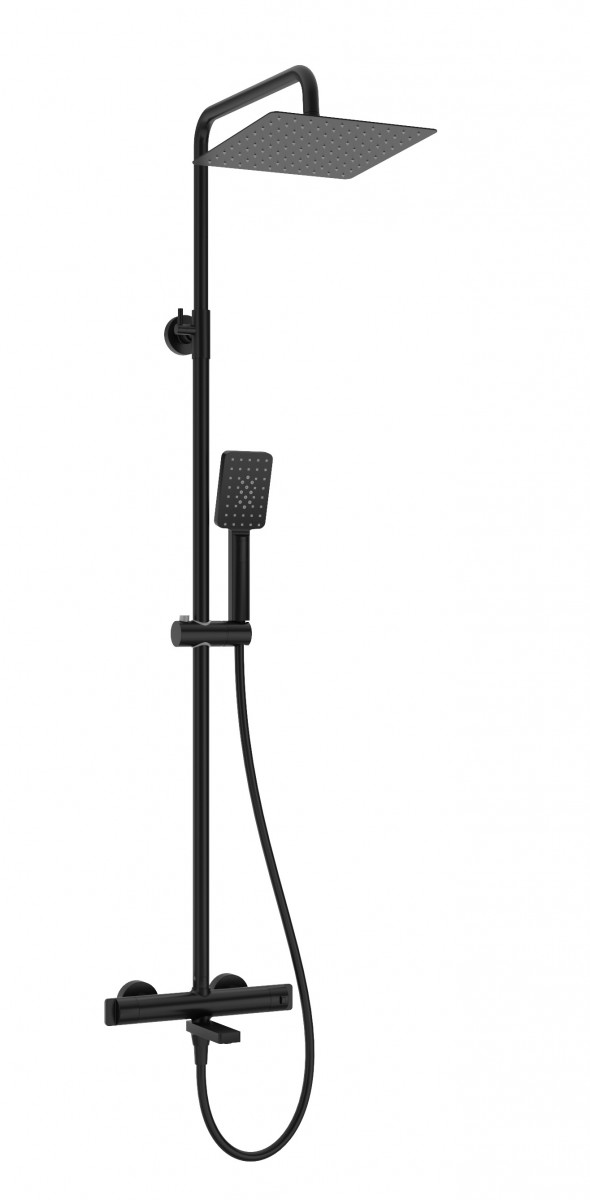 Deante Cascada termostatyczny zestaw wannowy z deszczownicą 25x25 i składaną wylewką czarny matowy NACN1HT
