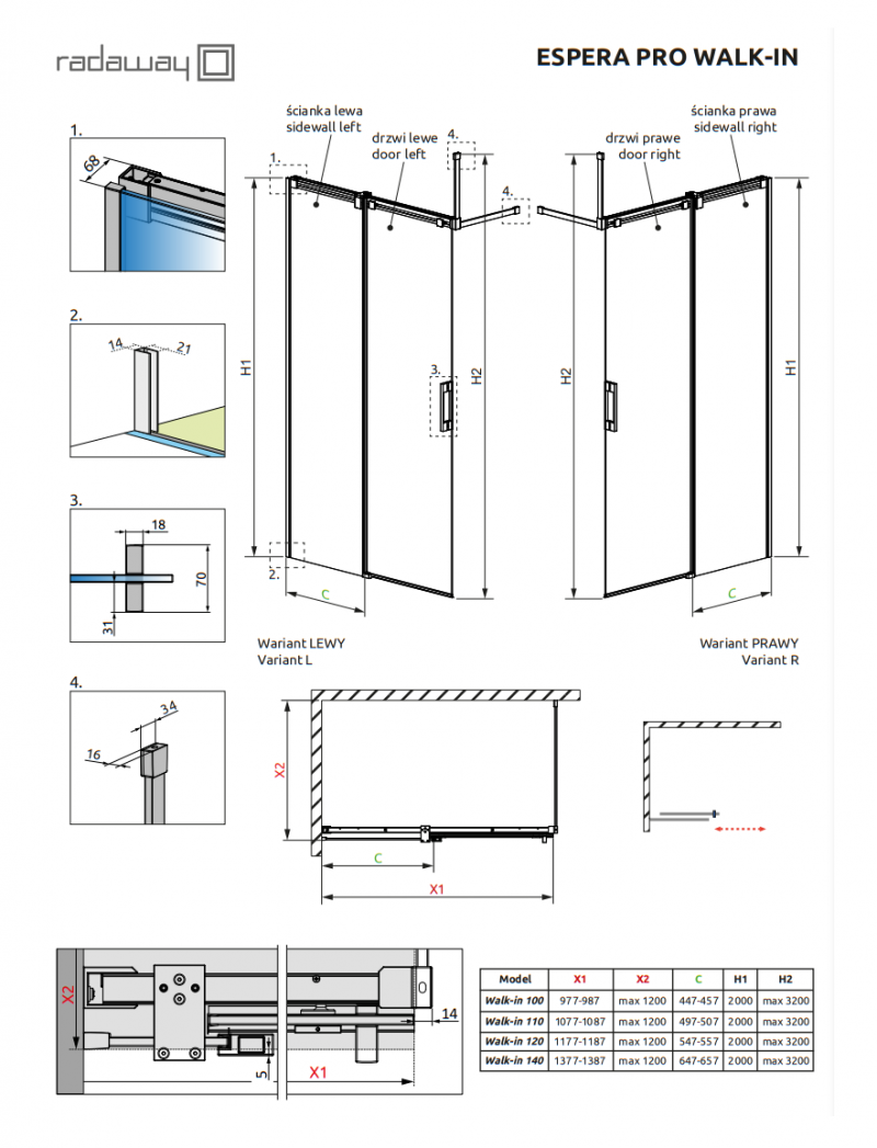 Radaway Espera Pro kabina typu Walk-In ścianka przesuwna prawa 120 cm chrom przeźroczyste Easy Clean 10090120-01-01R + 10094120-01-01R