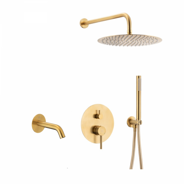 KFA Moza Brushed Gold zestaw wannowy podtynkowy 3-drożny z deszczownicą i wylewką złoty szczotkowany 5039-501-31