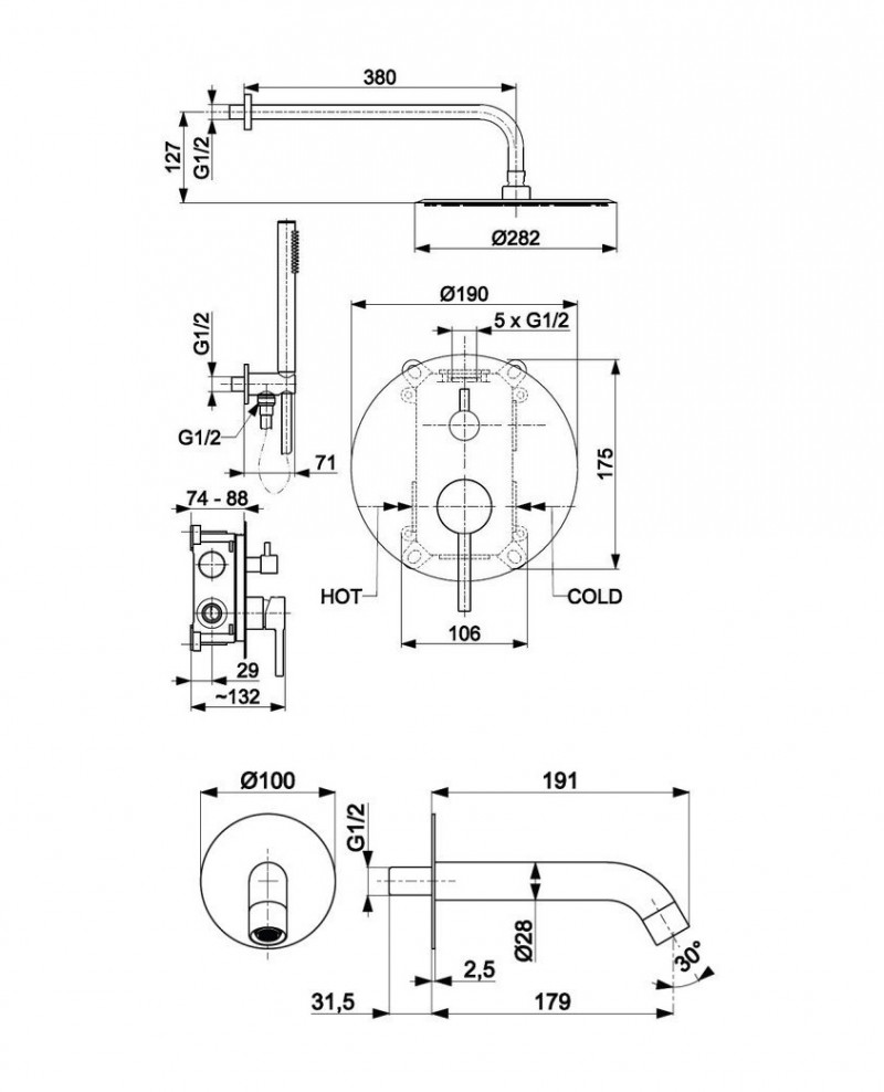 KFA Moza Brushed Gold zestaw wannowy podtynkowy 3-drożny z deszczownicą i wylewką złoty szczotkowany 5039-501-31