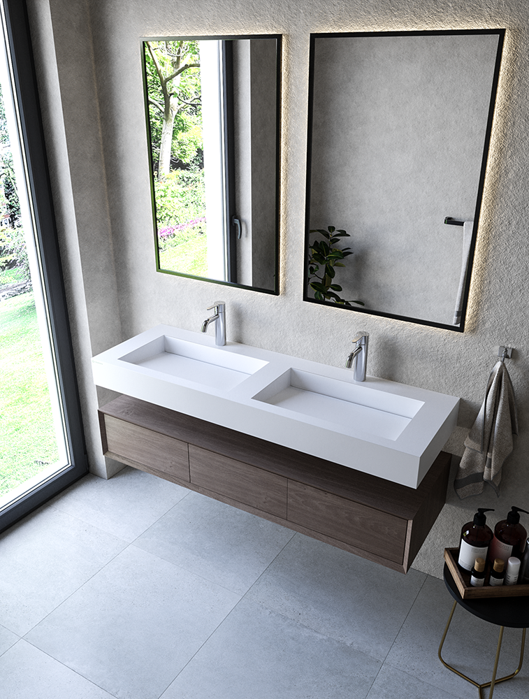 Cristalstone Linea Ideal umywalka podwójna 140x45 cm z odpływem liniowym biały satynowy mat U1400-2XMOLC