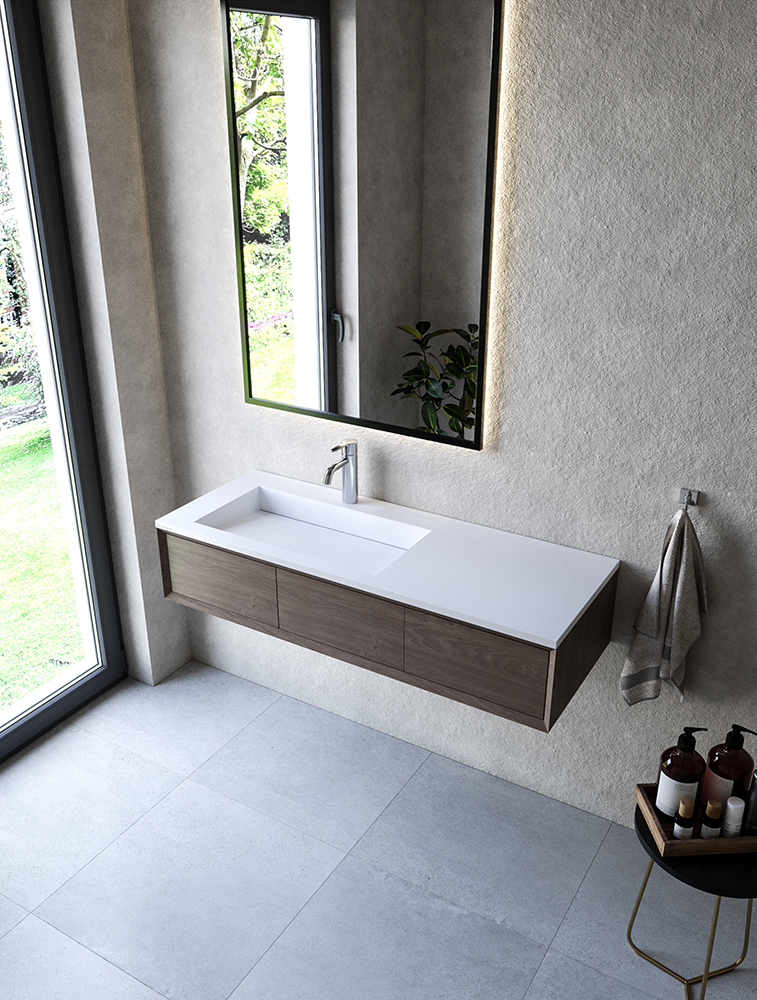 Cristalstone Linea Ideal umywalka meblowa 120x45 cm lewa z odpływem liniowym biały satynowy mat U1200-MBLOLC/CR