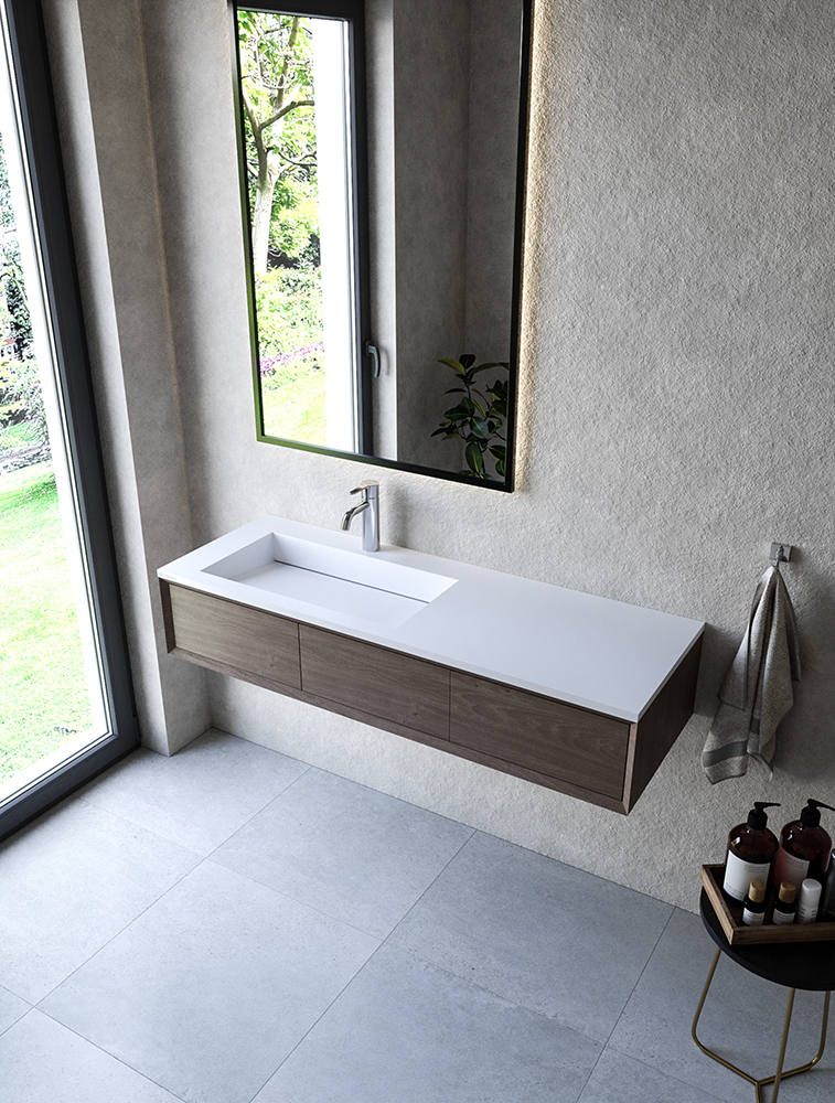 Cristalstone Linea Ideal umywalka meblowa 130x45 cm lewa z odpływem liniowym biały satynowy mat U1300-MBLOLC/CR