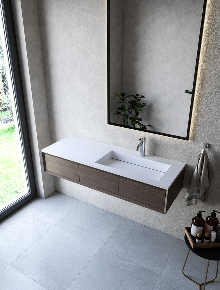 Cristalstone Linea Ideal umywalka meblowa 130x45 cm prawa z odpływem liniowym biały satynowy mat U1300-MBPOLC/CR