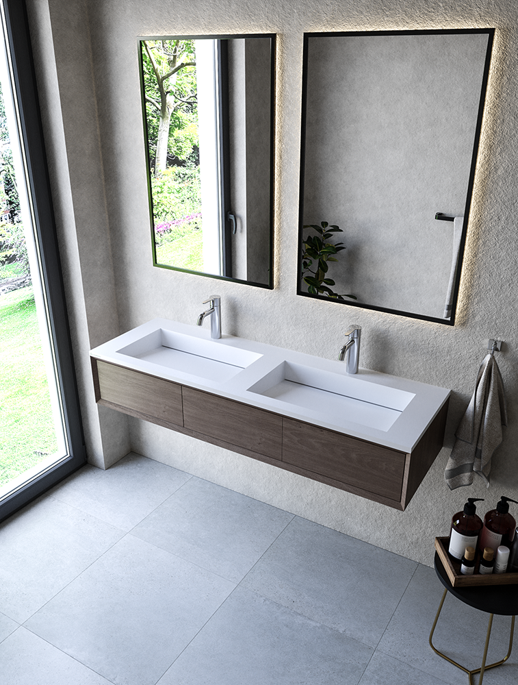 Cristalstone Linea Ideal umywalka meblowa podwójna 140x45 cm z odpływem liniowym biały satynowy mat U1400-2xMOLC/CR