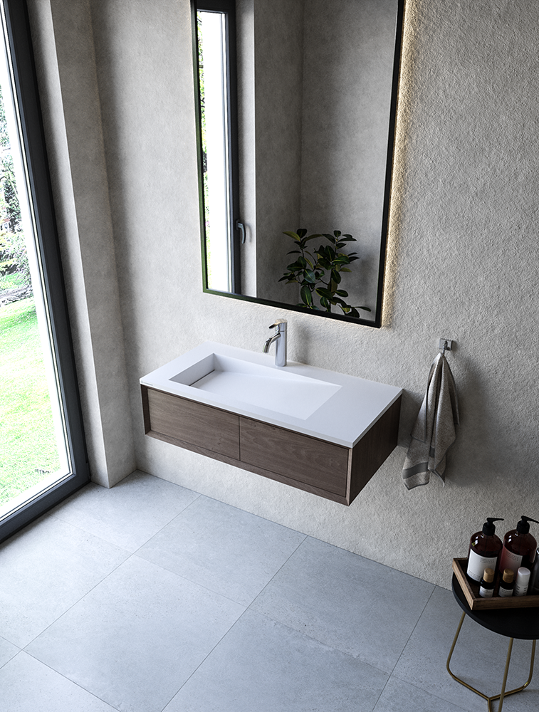 Cristalstone Linea Ideal umywalka meblowa 90x45 cm lewa z odpływem liniowym biały satynowy mat U900-MBLOLB/CR