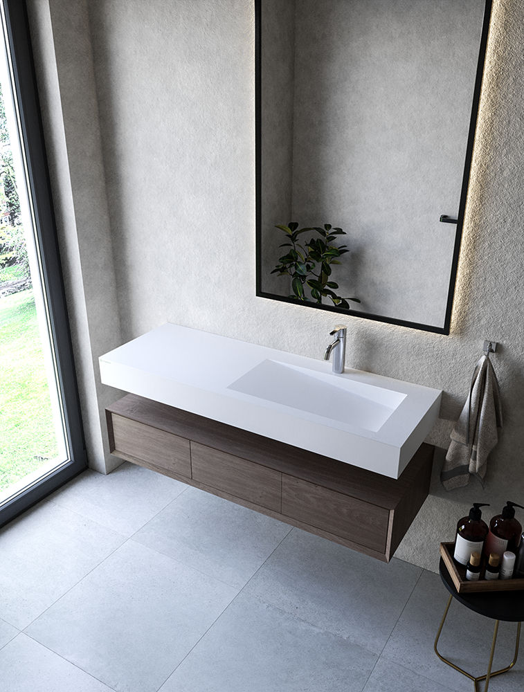 Cristalstone Linea Ideal umywalka z blatem prawa 130x45 cm z odpływem liniowym biały satynowy mat U1300-MBPOLB