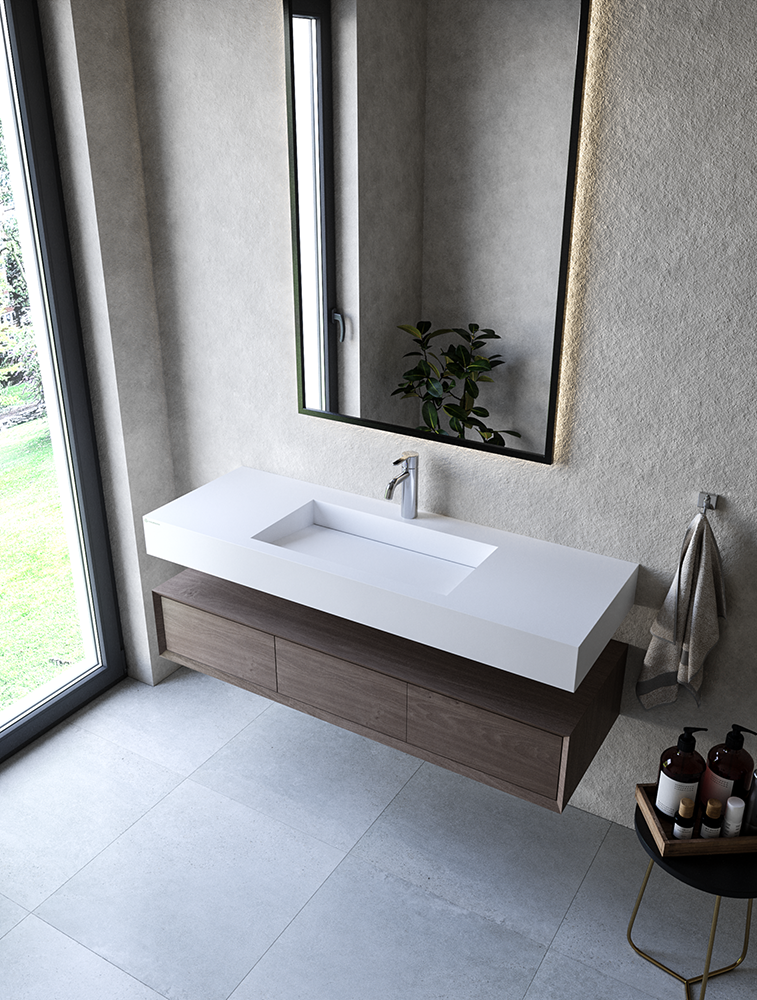 Cristalstone Linea Ideal umywalka 130x45 cm z odpływem liniowym biały satynowy mat U1300-MCOLC