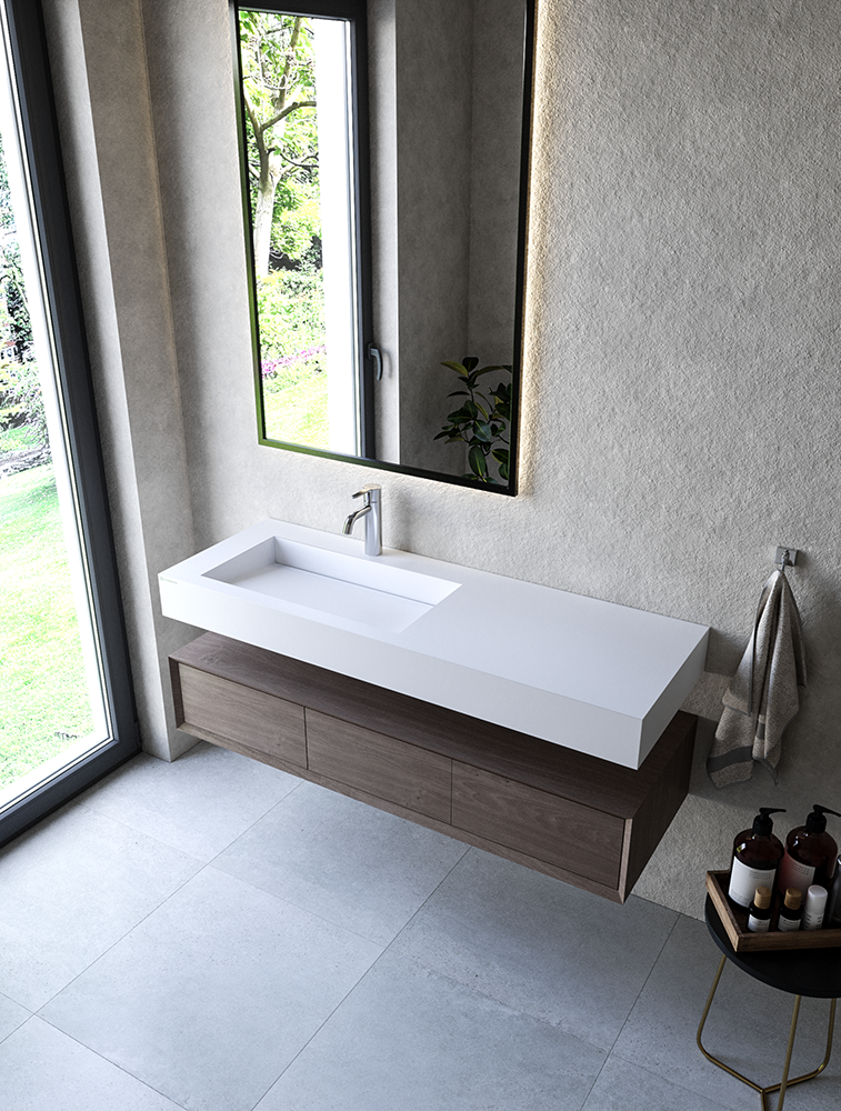 Cristalstone Linea Ideal umywalka z blatem lewa 130x45 cm z odpływem liniowym biały satynowy mat U1300-MBLOLC