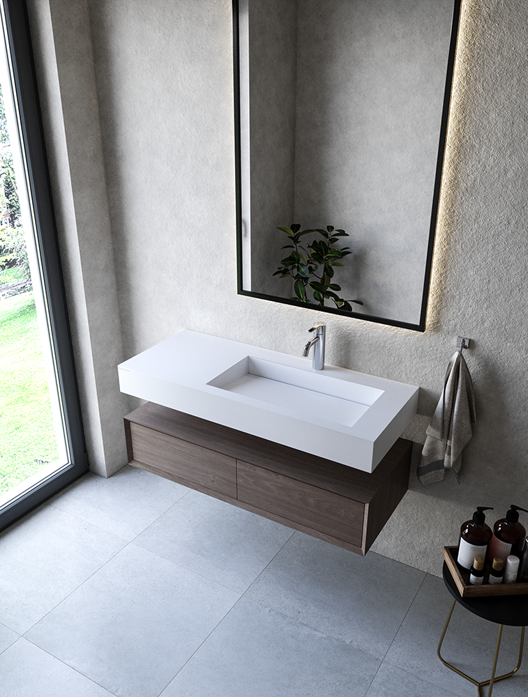 Cristalstone Linea Ideal umywalka z blatem prawa 110x45 cm z odpływem liniowym biały satynowy mat U1100-MBPOLC