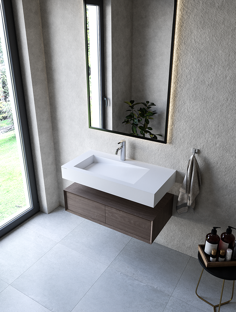 Cristalstone Linea Ideal umywalka lewa 90x45 cm z odpływem liniowym biały satynowy mat U900-MBLOLB