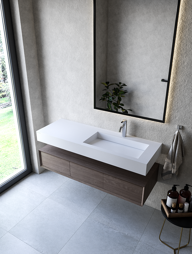 Cristalstone Linea Ideal umywalka z blatem prawa 130x45 cm z odpływem liniowym biały satynowy mat U1300-MBPOLC