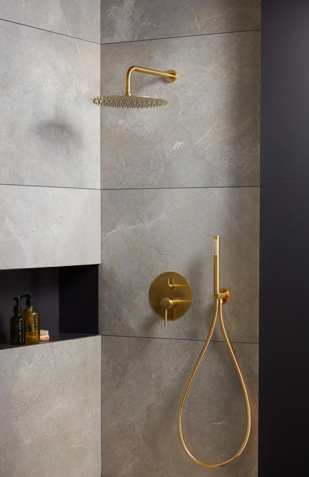 KFA Moza Brushed Gold zestaw wannowy podtynkowy 3-drożny z deszczownicą i wylewką złoty szczotkowany 5039-501-31