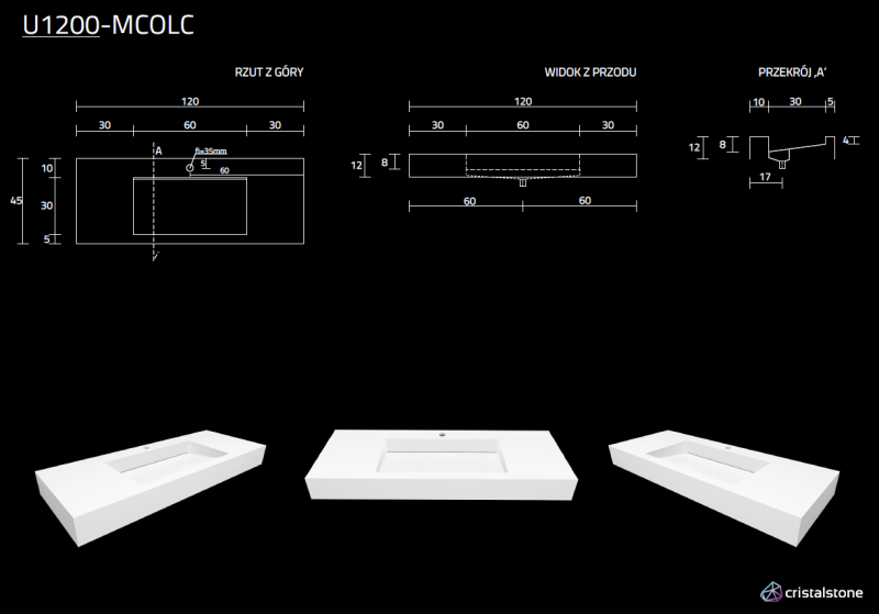 Cristalstone Linea Ideal umywalka 120x45 cm z odpływem liniowym biały satynowy mat bez otworu U1200-MCOLC BO
