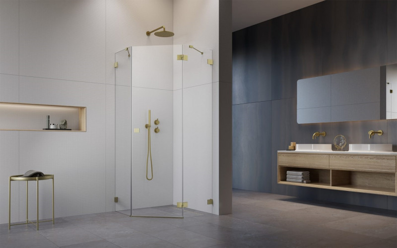 Radaway Essenza Pro Brushed Gold PTJ kabina pięciokątna 90x80 drzwi otwierane prawe złoty szczotkowany Easy Clean 10100000-99-01R + 10100600-01-01