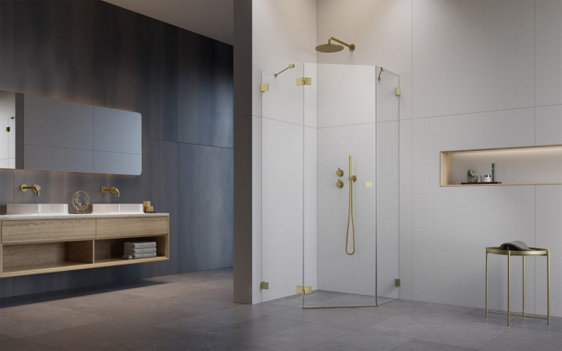 Radaway Essenza Pro Brushed Gold PTJ kabina pięciokątna 80x80 drzwi otwierane lewe złoty szczotkowany Easy Clean 10100000-99-01L + 10100100-01-01