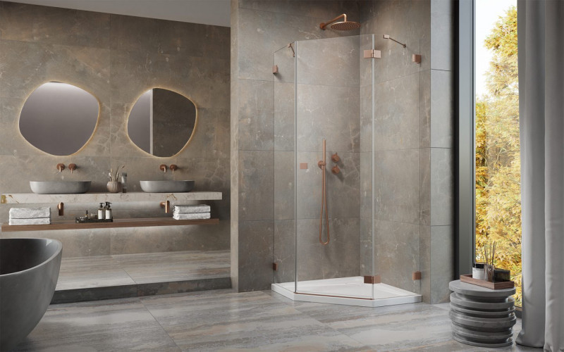 Radaway Essenza Pro Brushed Copper PTJ kabina pięciokątna 90x100 drzwi otwierane prawe miedź szczotkowana Easy Clean 10100000-93-01R + 10100700-01-01