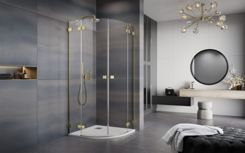 Radaway Essenza Pro Brushed Gold PDD kabina półokrągła 100Lx80R drzwi otwierane złoty szczotkowany Easy Clean 10095100-99-01L + 10095080-99-01R
