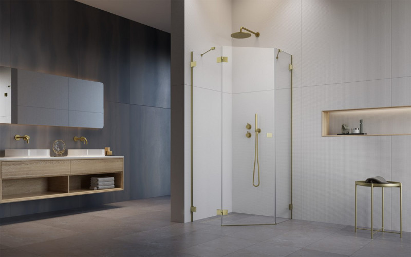 Radaway Essenza Pro Brushed Gold PTJ kabina pięciokątna 100x80 drzwi otwierane lewe złoty szczotkowany Easy Clean 10100000-99-01L + 10100800-01-01