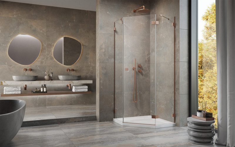 Radaway Essenza Pro Brushed Copper PTJ kabina pięciokątna 80x80 drzwi otwierane prawe miedź szczotkowana Easy Clean 10100000-93-01R + 10100100-01-01