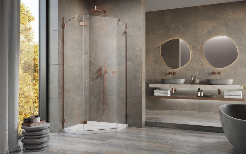 Radaway Essenza Pro Brushed Copper PTJ kabina pięciokątna 80x80 drzwi otwierane lewe miedź szczotkowana Easy Clean 10100000-93-01L + 10100100-01-01