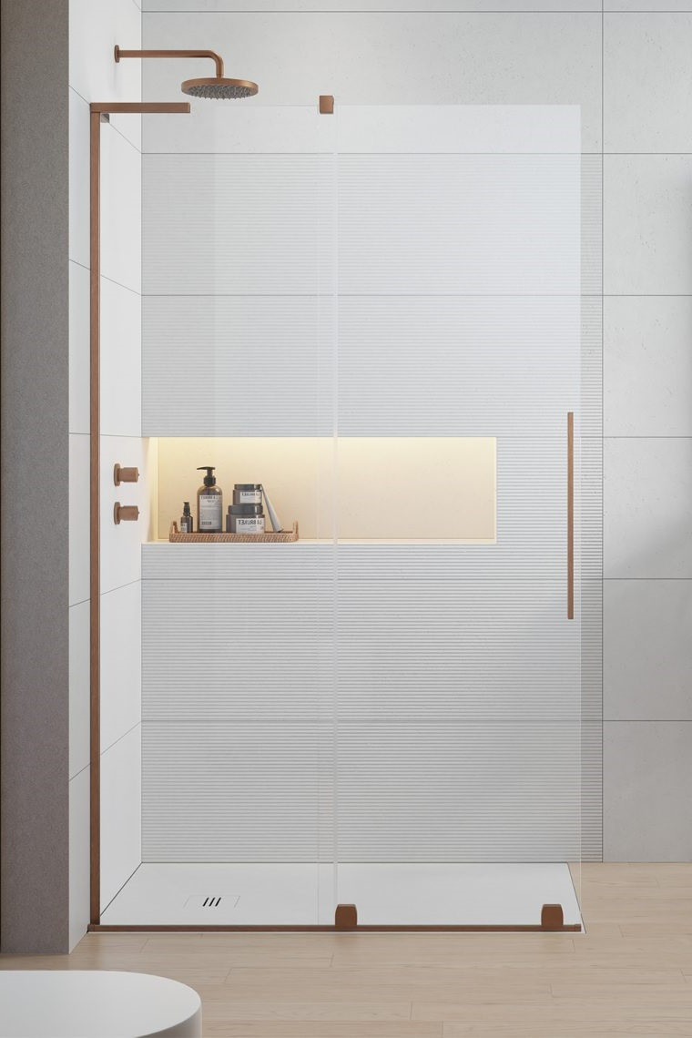 Radaway Furo SL Brushed Copper kabina typu Walk-In ścianka suwana 90 cm lewa miedź szczotkowana przeźroczyste Easy Clean 10306488-93-01L + 10110444-01-01