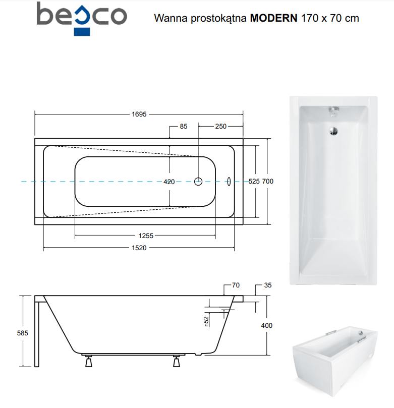 BESCO Modern wanna prostokątna 170x70 biały WAM-170-MO