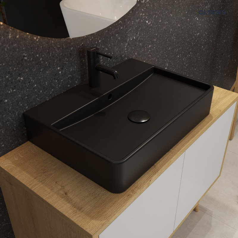 Oltens Duve umywalka 60x42 cm nablatowa prostokątna czarny mat 41300300