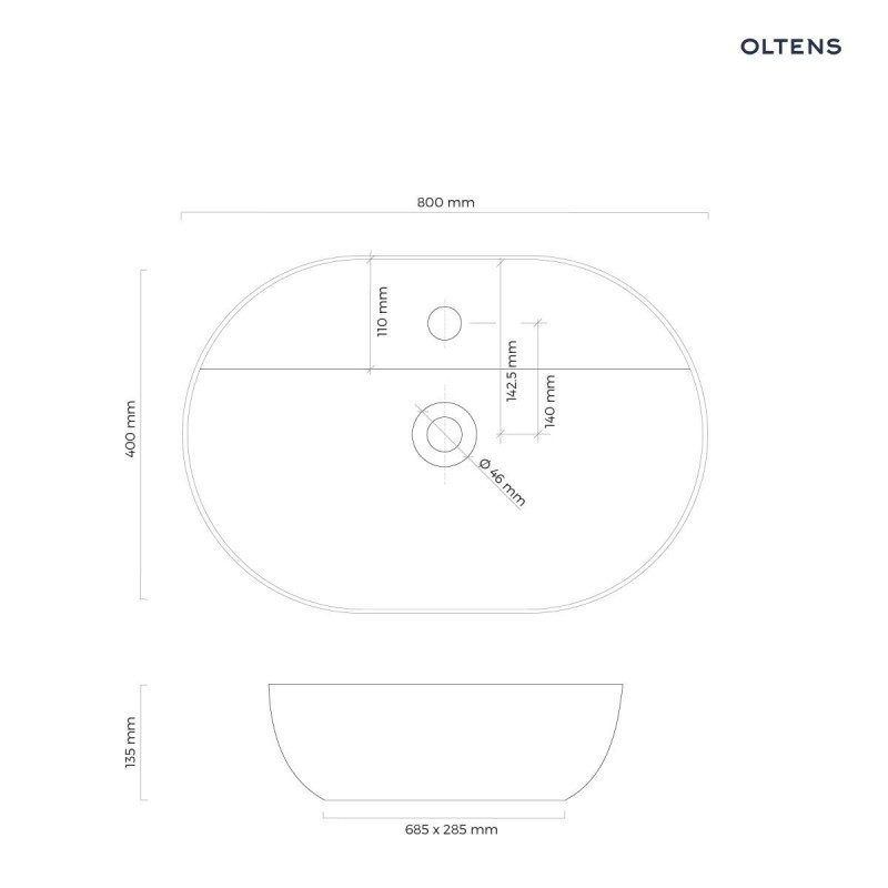 Oltens Hamnes Thin umywalka 80x40 cm stawiana na blat z otworem czarny matowy 41315300
