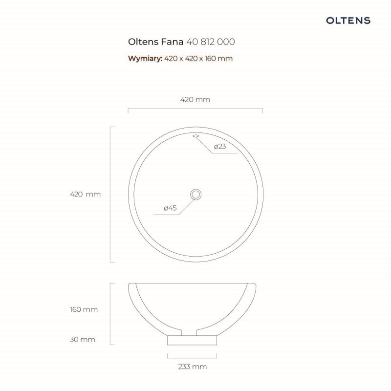 Oltens Fana umywalka 42 cm nablatowa okrągła z powłoką SmartClean biała 40812000