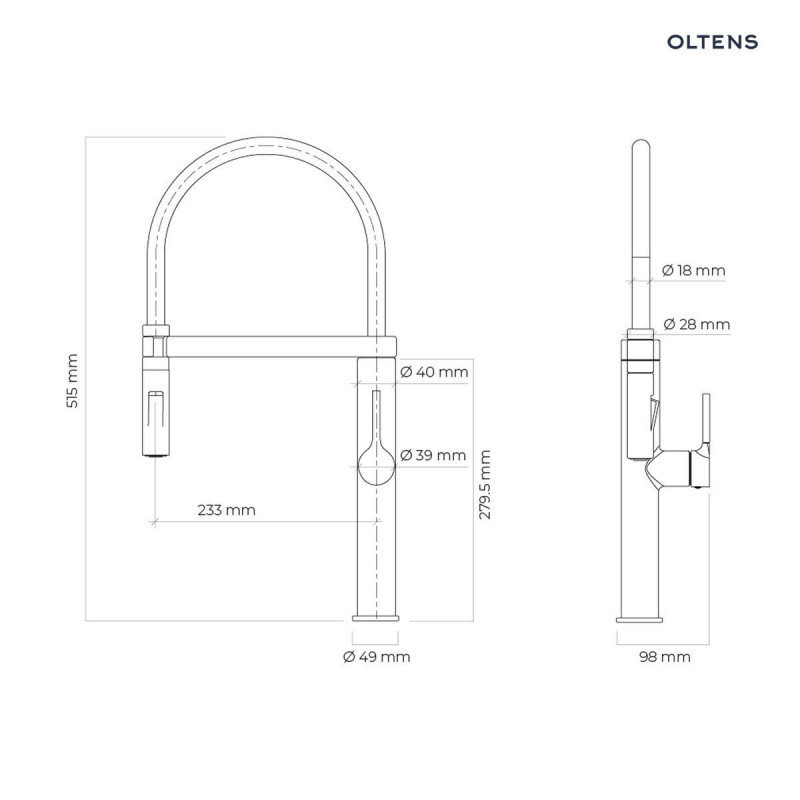 Oltens Borga bateria kuchenna stojąca z elastyczną wylewką czarny mat 35207300
