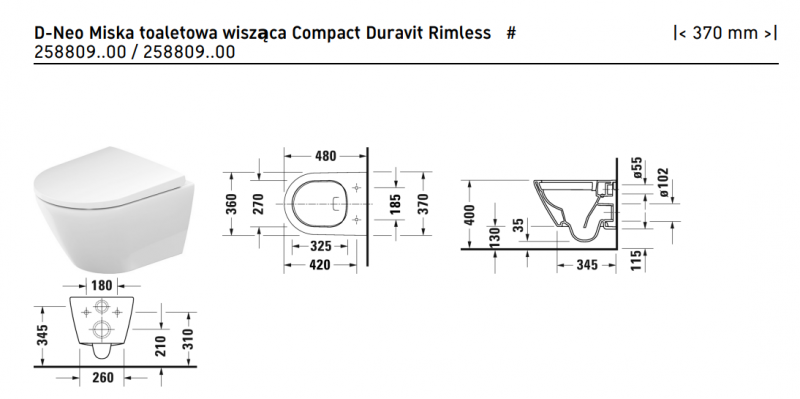 Duravit D-neo Compact Rimless muszla wisząca 48cm + deska wolnoopadjąca biały alpin 45880900A1
