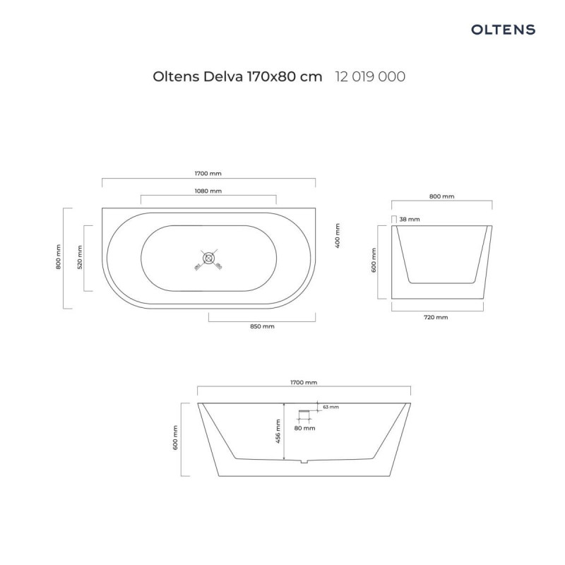Oltens Delva wanna wolnostojąca przyścienna 170x80 cm akrylowa owalna biały połysk 12019000