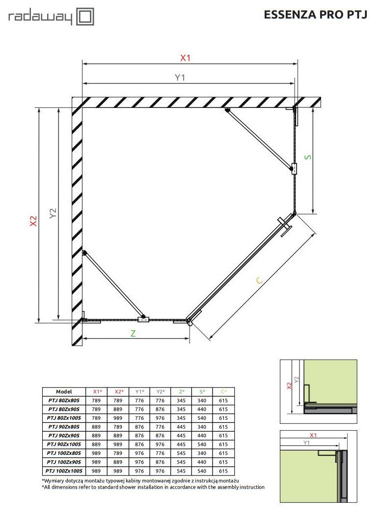 Radaway Essenza Pro Brushed Copper PTJ kabina pięciokątna 100x90 drzwi otwierane lewe miedź szczotkowana Easy Clean 10100000-93-01L + 10100900-01-01
