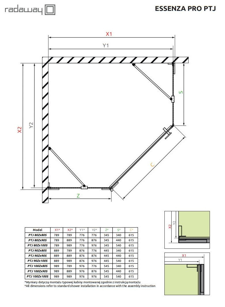 Radaway Essenza Pro Brushed GunMetal PTJ kabina pięciokątna 90x80 drzwi otwierane lewe gunmetal Easy Clean 10100000-92-01L + 10100600-01-01