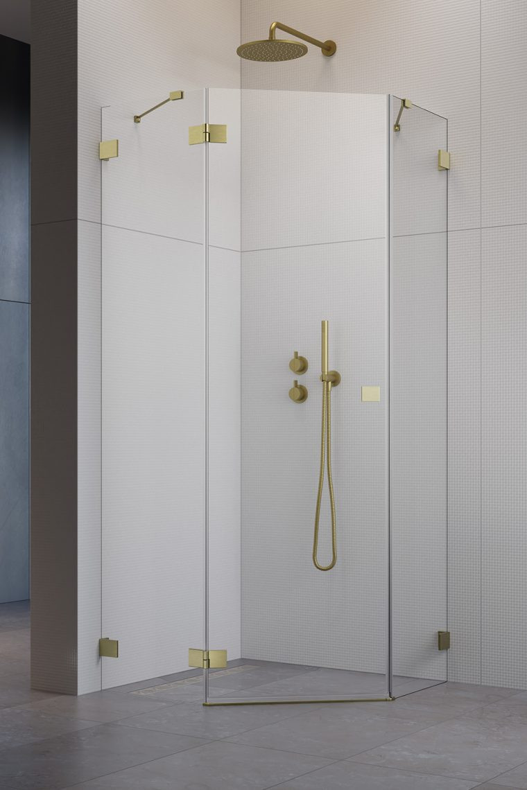 Radaway Essenza Pro Brushed Gold PTJ kabina pięciokątna 100x100 drzwi otwierane lewe złoty szczotkowany Easy Clean 10100000-99-01L + 10100300-01-01