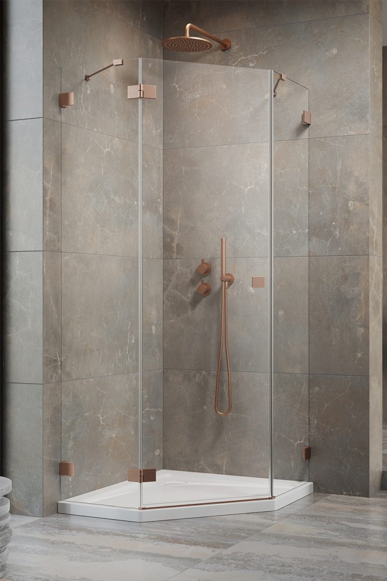Radaway Essenza Pro Brushed Copper PTJ kabina pięciokątna 100x80 drzwi otwierane lewe miedź szczotkowana Easy Clean 10100000-93-01L + 10100800-01-01