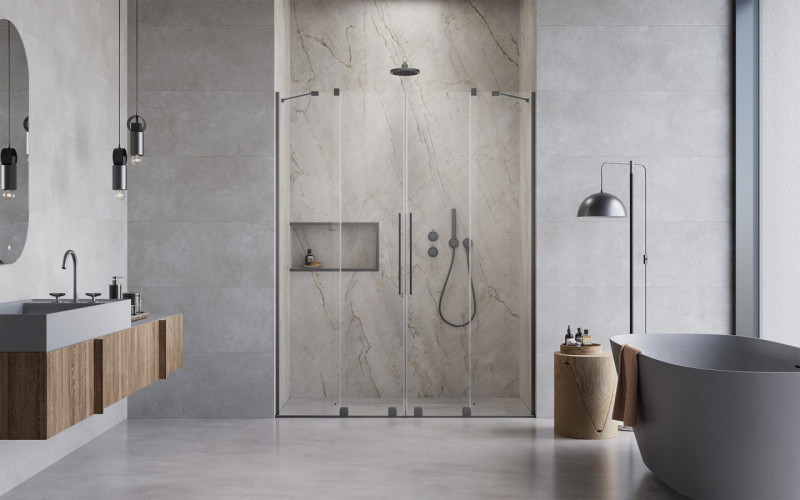 Radaway Furo Brushed GunMetal DWD drzwi wnękowe dwuczęściowe przesuwne 140 cm gunmetal szczotkowany przeźroczyste Easy Clean 10108388-92-01 + 10111342-01-01