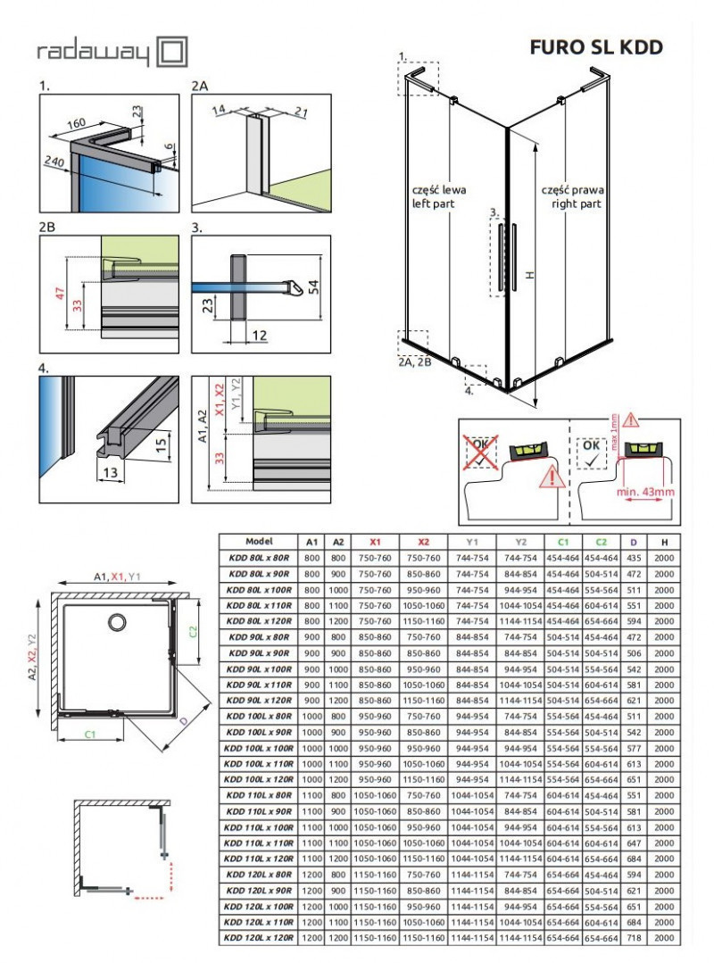 Radaway Furo SL Gold KDD 1/2 kabiny drzwi przesuwne 100 cm prawe złoty Easy Clean 10305100-09-01R