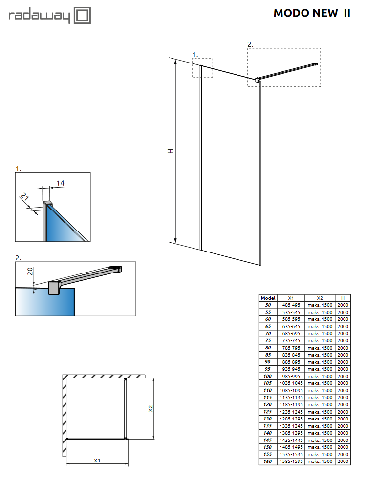 Radaway Modo New Brushed Nickel II kabina typu Walk-In 105 cm L/P nikiel szczotkowany przeźroczyste Easy Clean 389105-91-01
