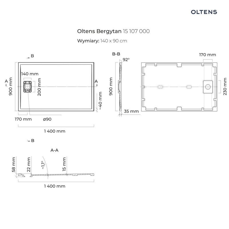 Oltens Bergytan brodzik prostokątny 140x90 cm konglomerat RockSurface czarny mat 15107300