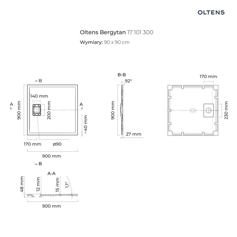 Oltens Bergytan brodzik 90x90 cm kwadratowy konglomerat RockSurface biały 17101000