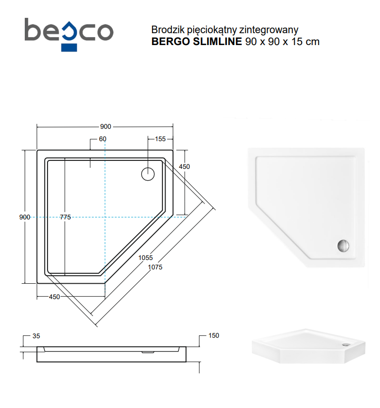 BESCO Bergo slimline brodzik pentagonalny biały 90x90 zintegrowany