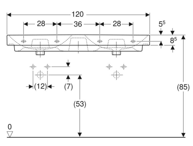 Geberit Smyle Square umywalka podwójna 120x48 cm bez otworów 500.224.01.1