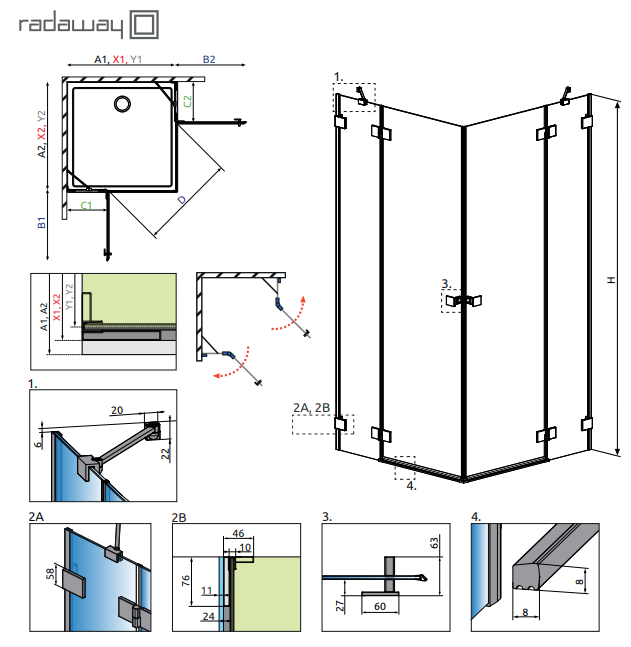 Radaway Essenza Pro Brushed Nickel KDD kabina prostokątna 80Lx100R drzwi otwierane nikiel szczotkowany Easy Clean 10096080-91-01L + 10096100-91-01R